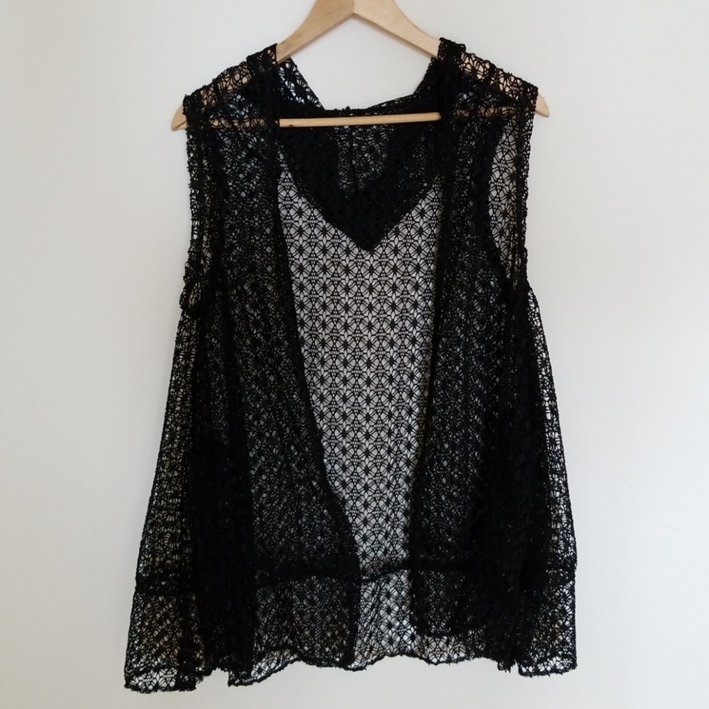 Black fishnet mesh hooded vest jacket